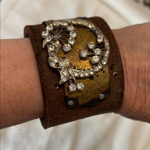 Leather Cuff with Vintage Brooch